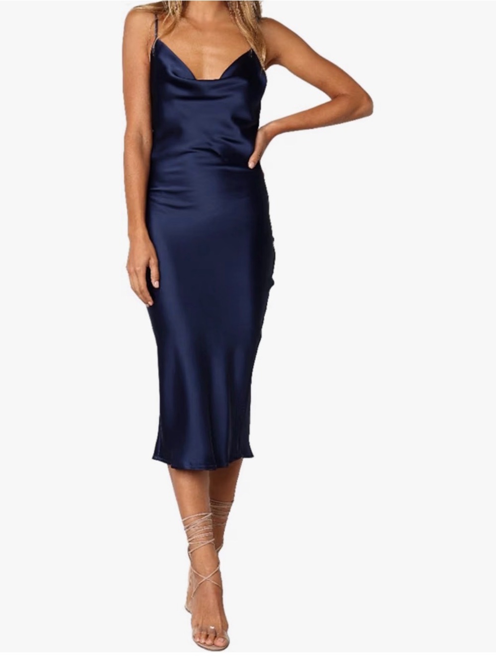 Petal & Pup Navy Satin Cowl Midi Dress “Persia”